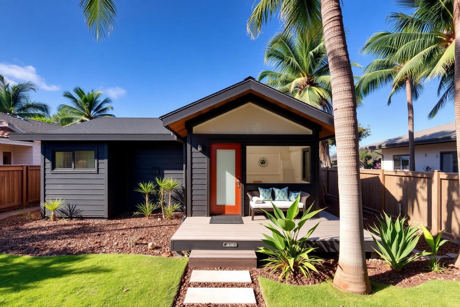 Modern ADU design with dark siding and a covered entry deck