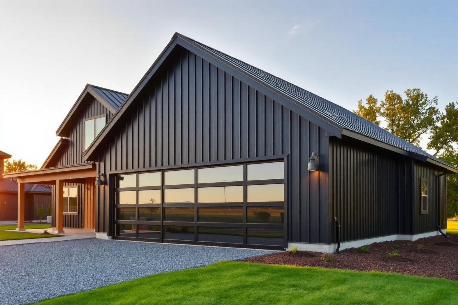 Custom barndominium exterior with black metal siding and a glass overhead door