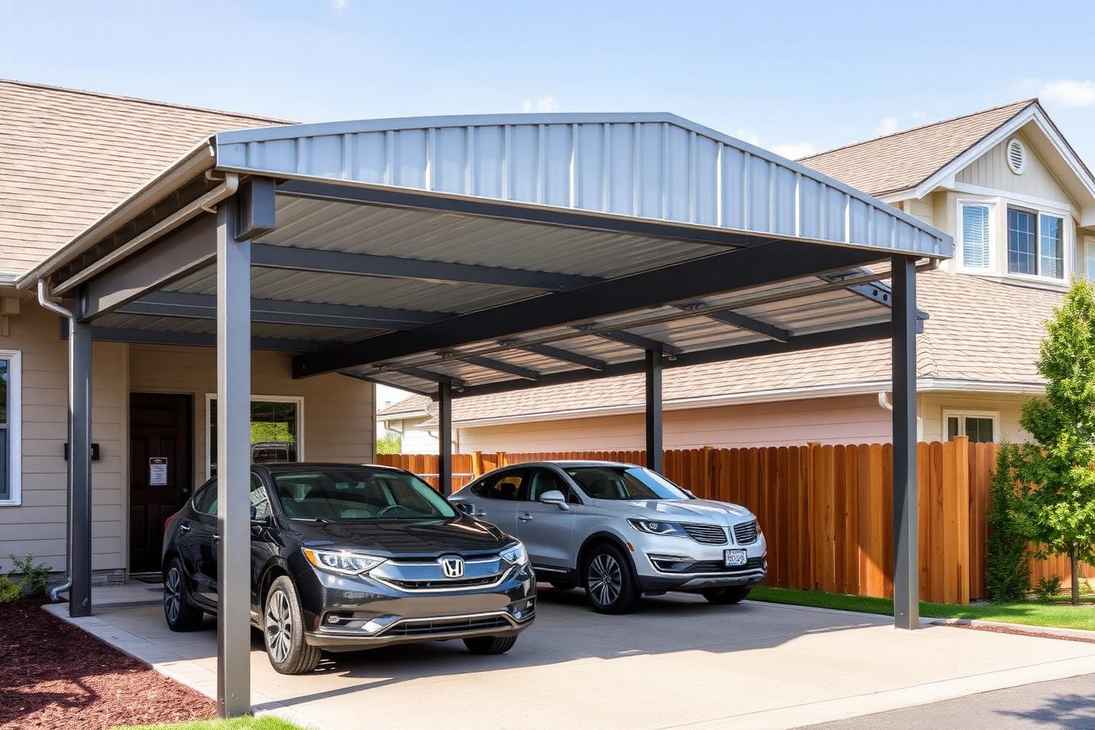 Metal carport with steel posts covering two vehicles beside a home
