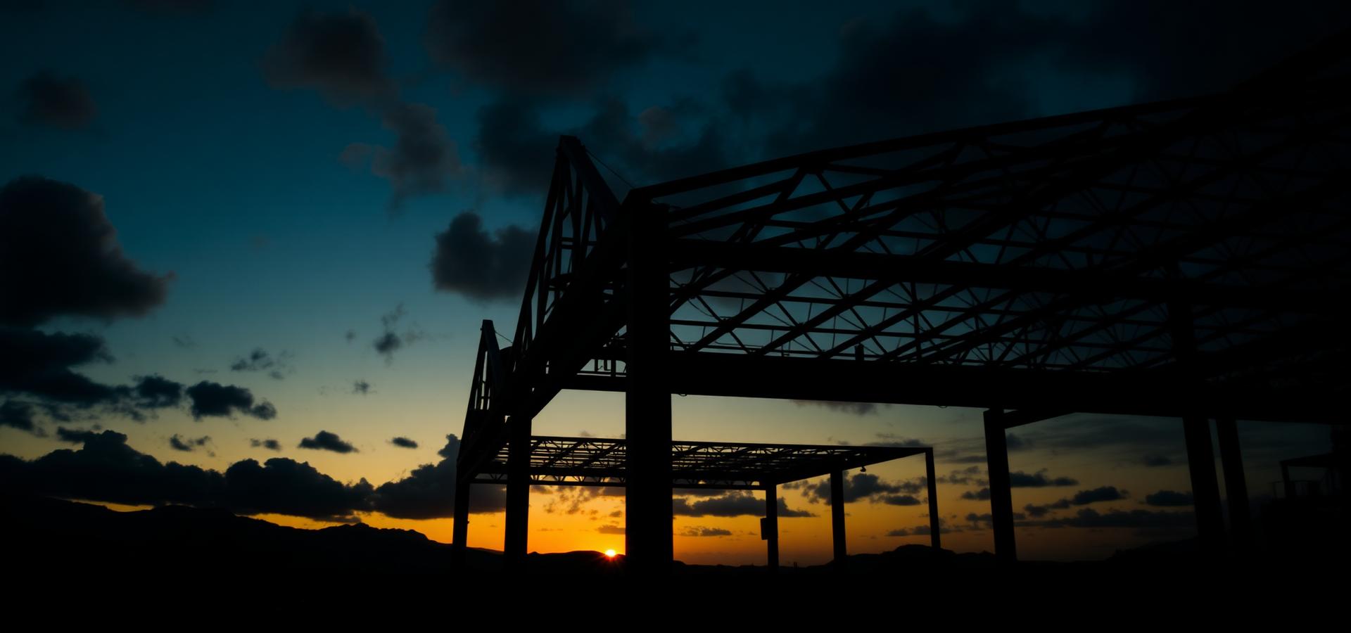 Structural steel building frame silhouetted at sunset