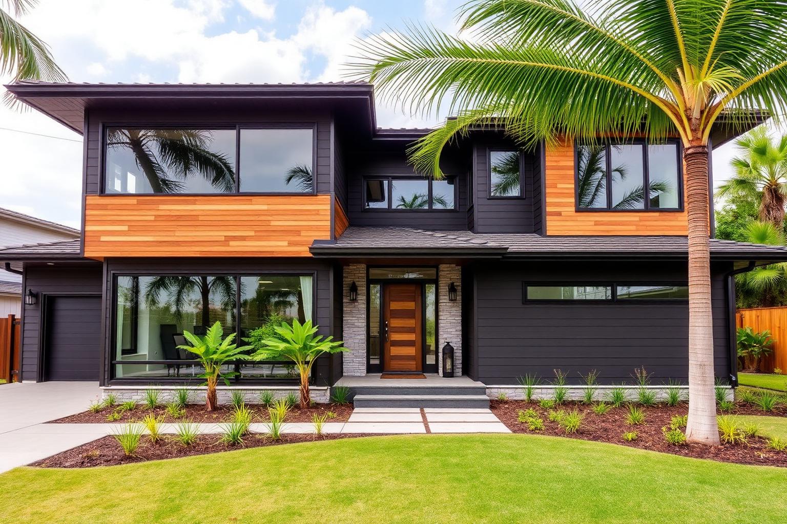 Modern custom home exterior with charcoal siding, wood cladding, and large windows