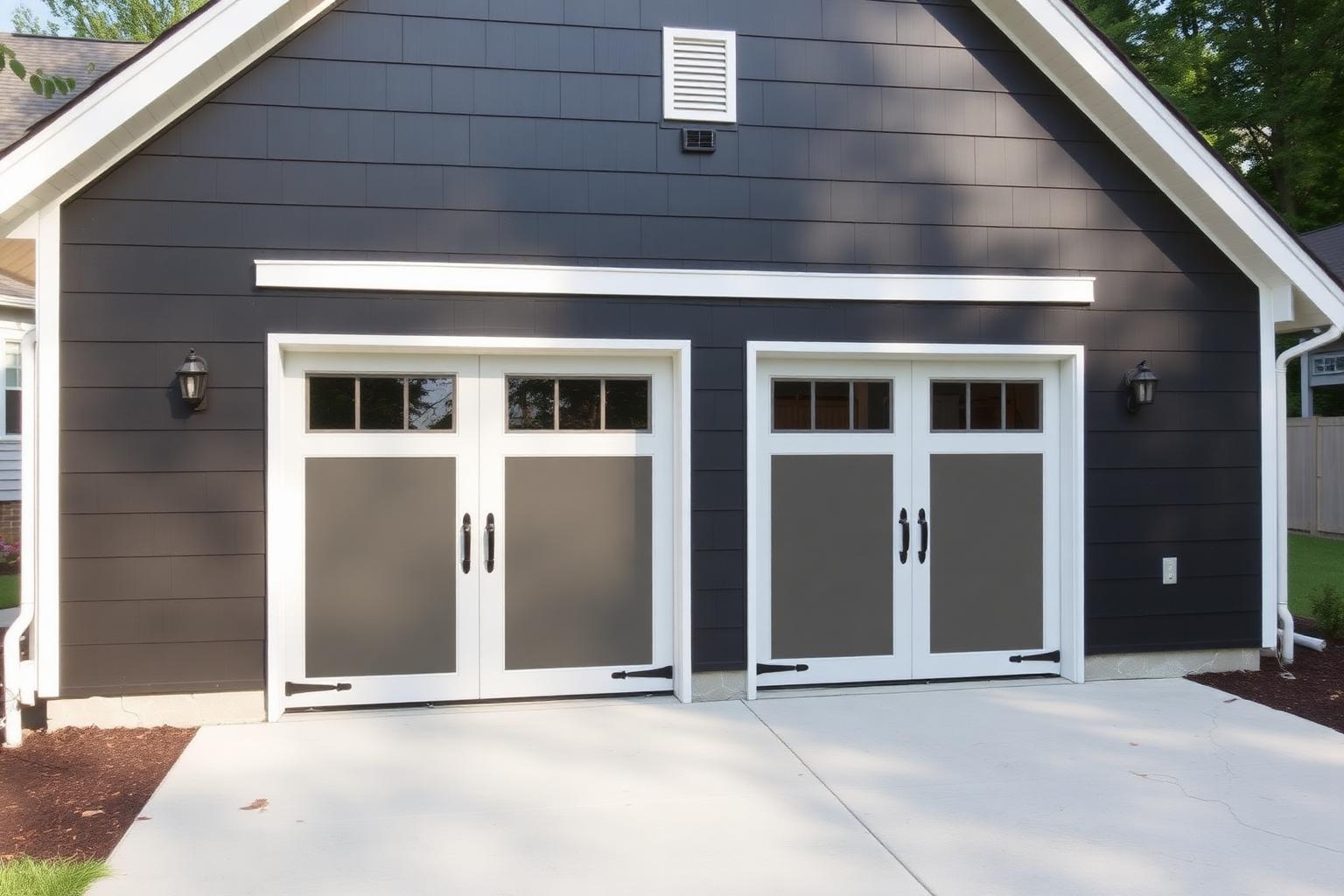 Custom detached garage with dark siding and two carriage-style doors