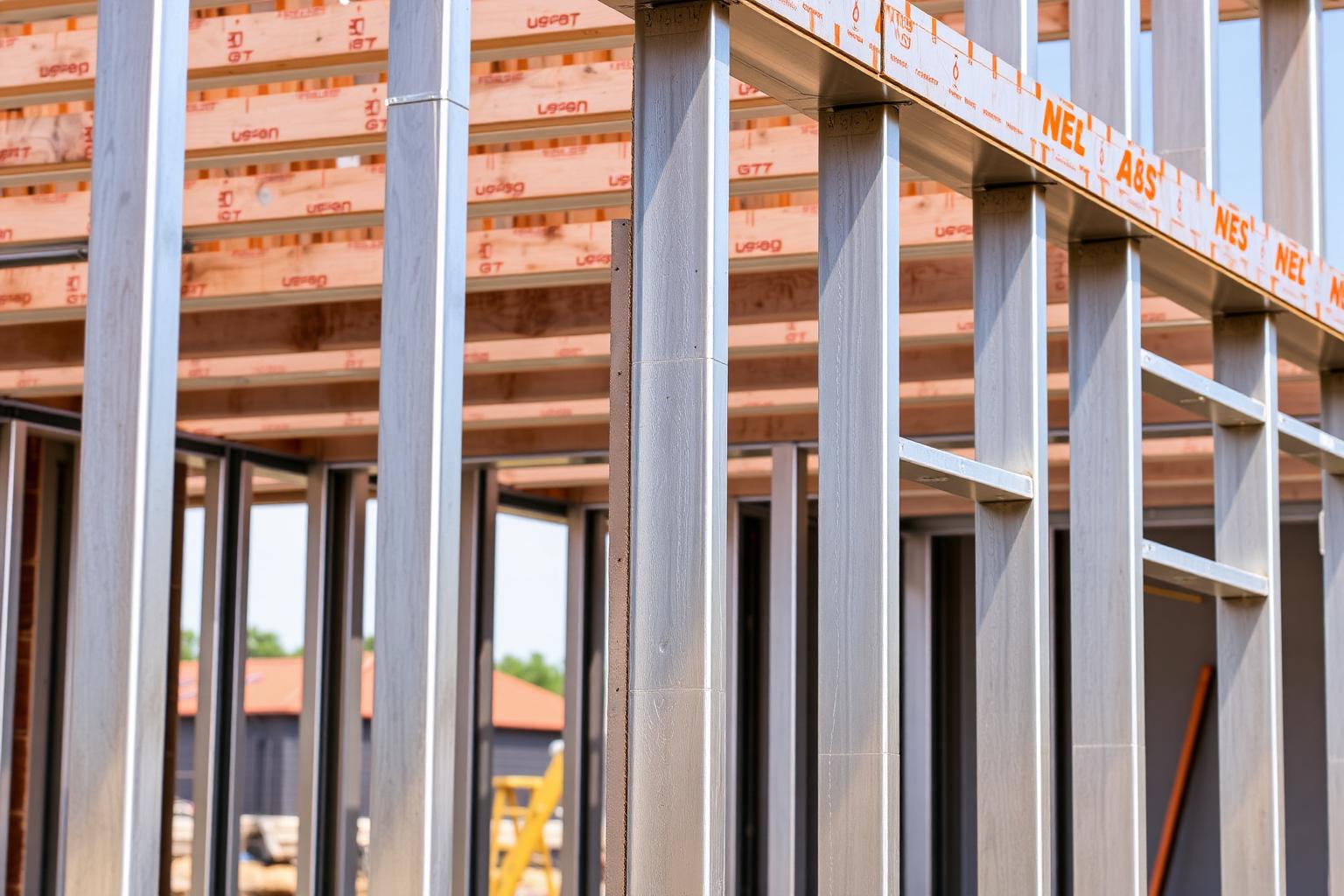 Light-gauge cold-formed steel wall framing on a residential jobsite