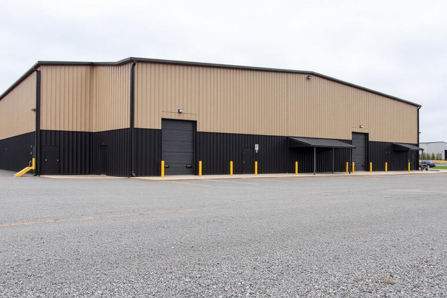 Pre-engineered metal building exterior with tan and charcoal panels and loading doors