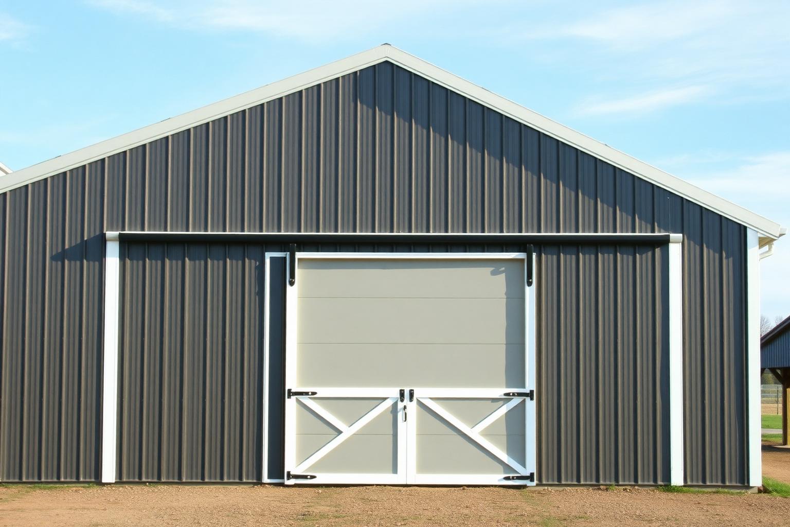Post-frame pole barn building with charcoal metal siding and large sliding doors