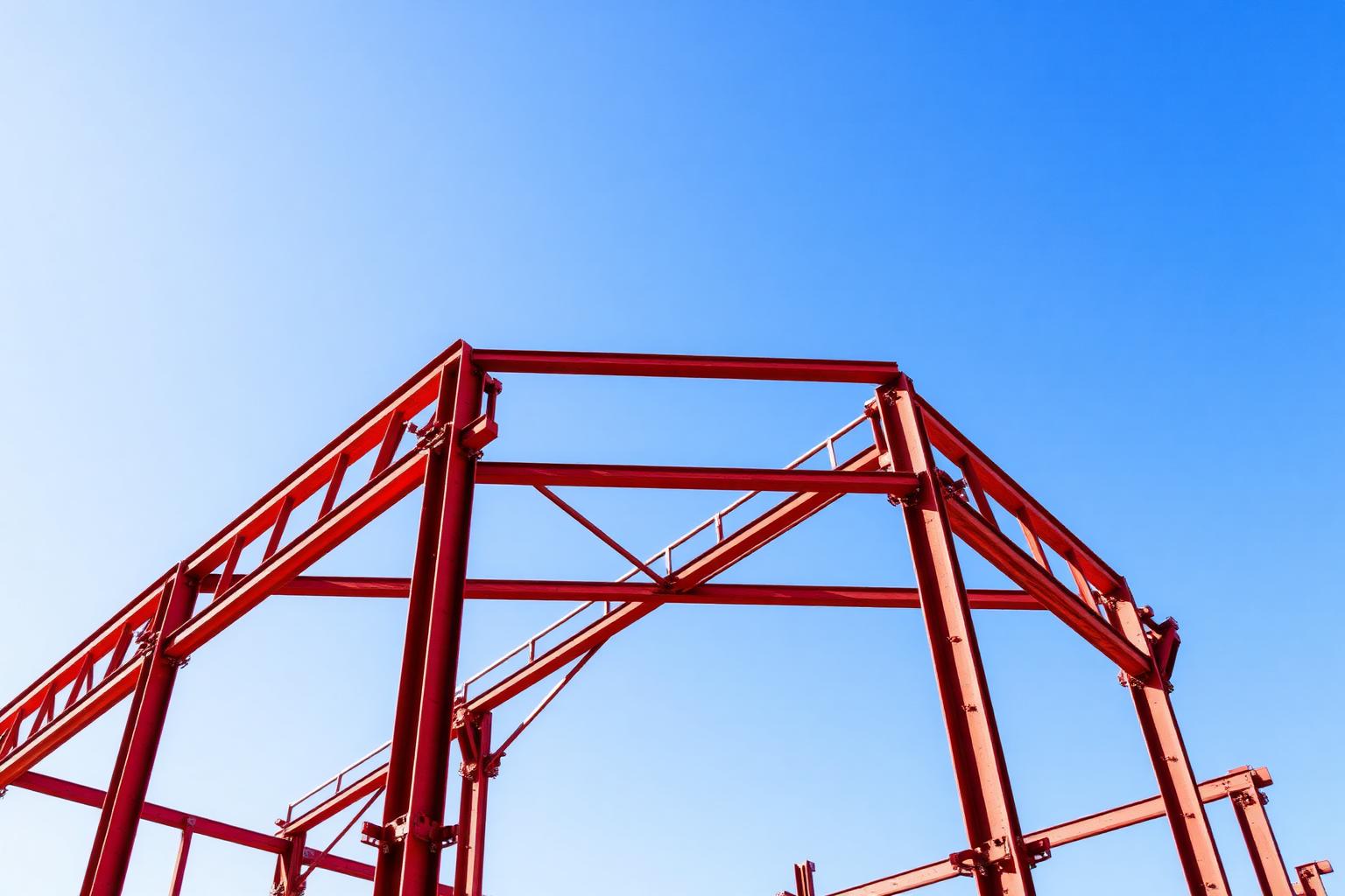 Red iron structural steel building frame against a blue sky