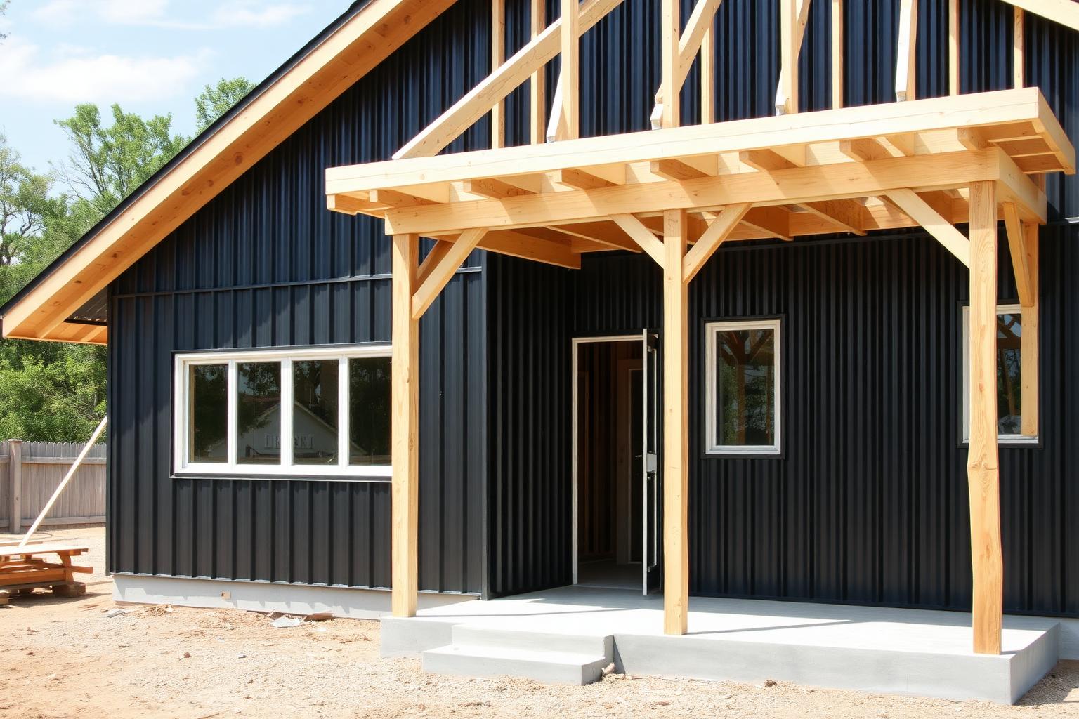 Home under construction with wood stick framing and dark metal exterior panels