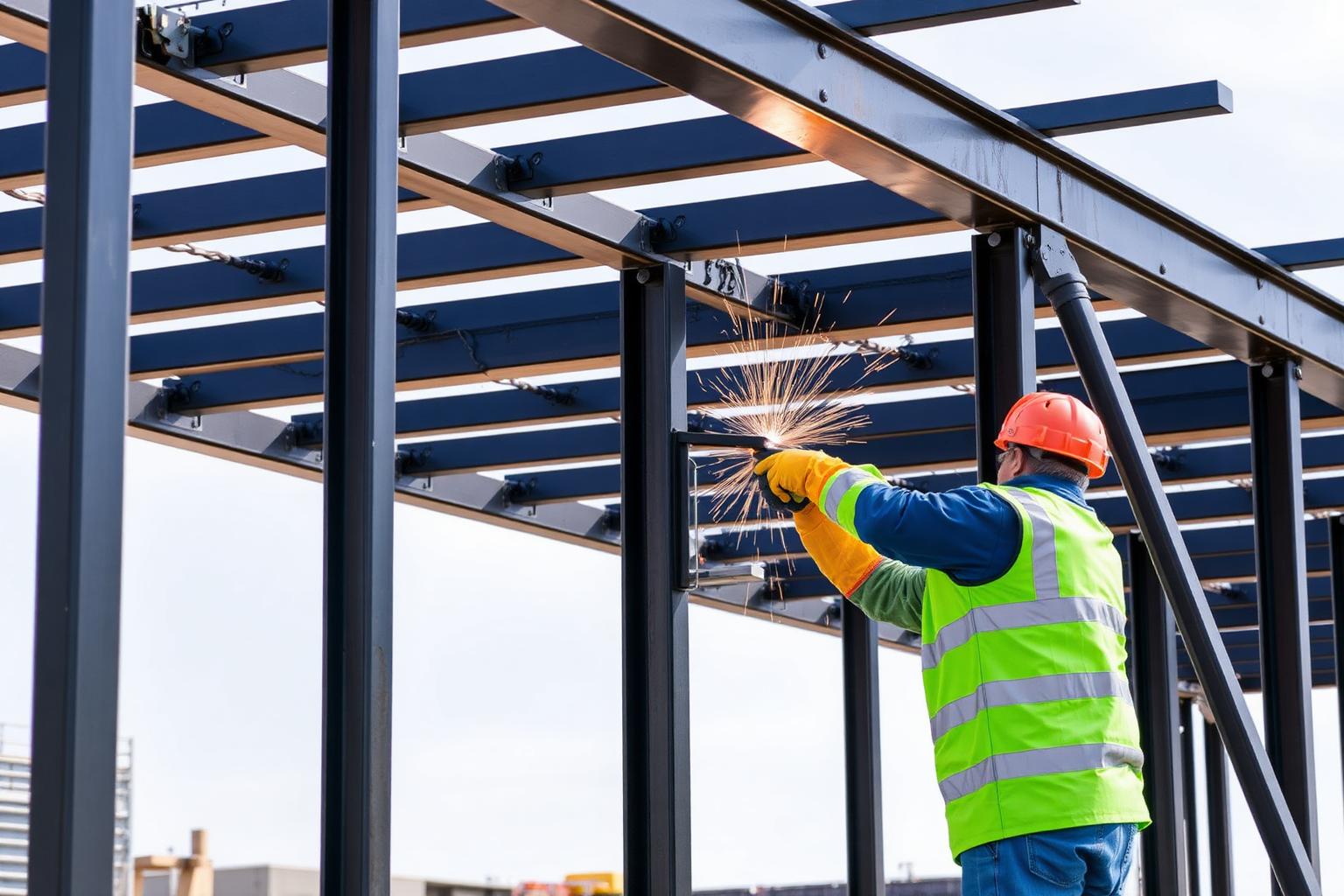 Square tube steel framing structure being welded on a jobsite