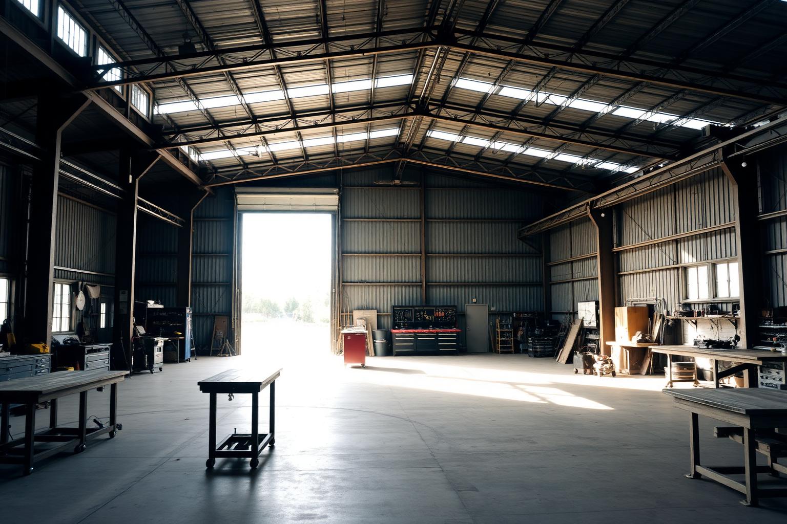 Steel workshop building interior with an open span and roll-up door